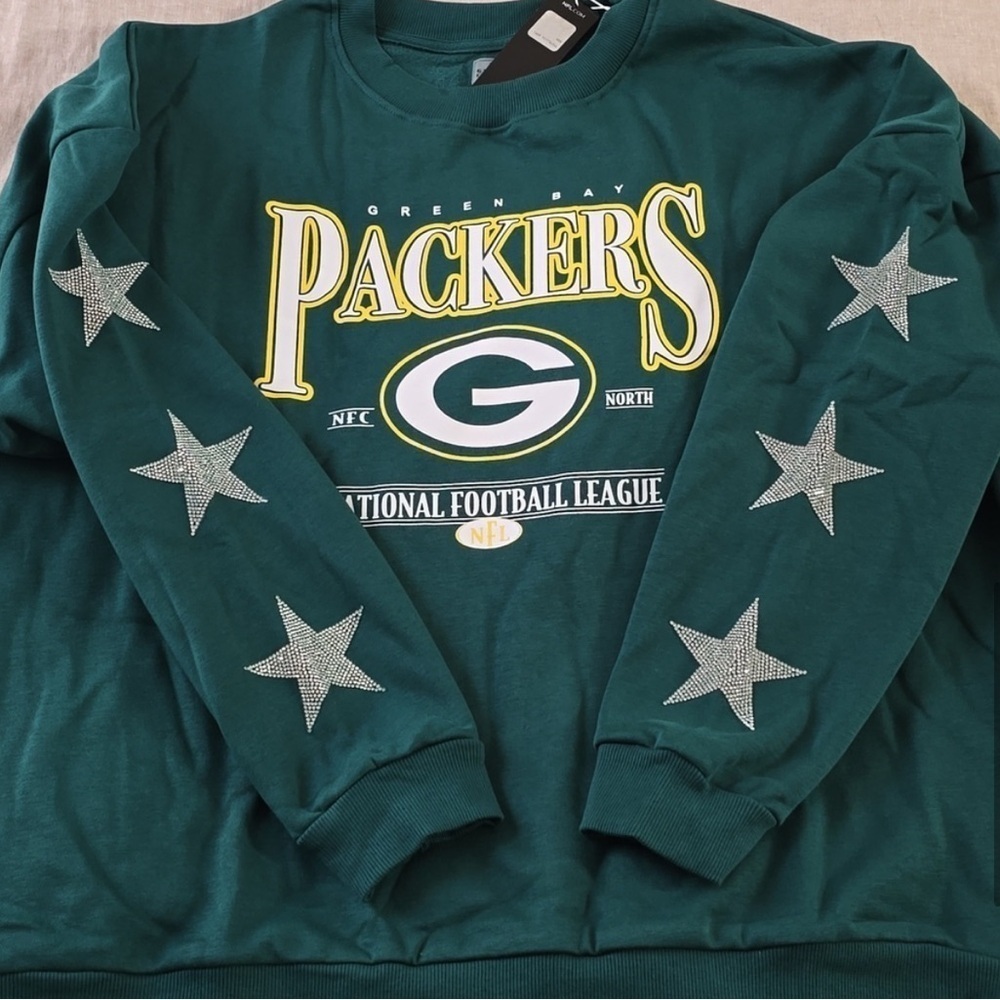 Green Bay Packers NFL Women's Rhinestone Star Sleeve Sweatshirt Green Size Large - Picture 4 of 16